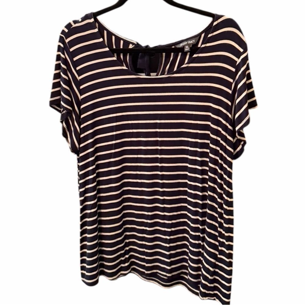 Ellen Tracy Black and Cream Striped Short Sleeve Tee